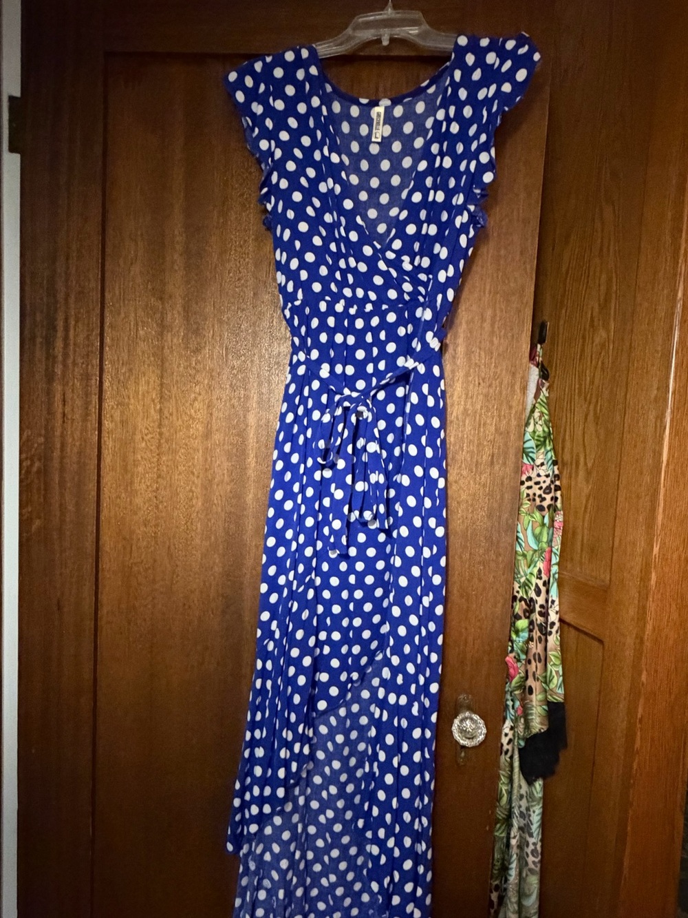 Blue Polka Dot High-Low Wrap Dress with Tie Waist